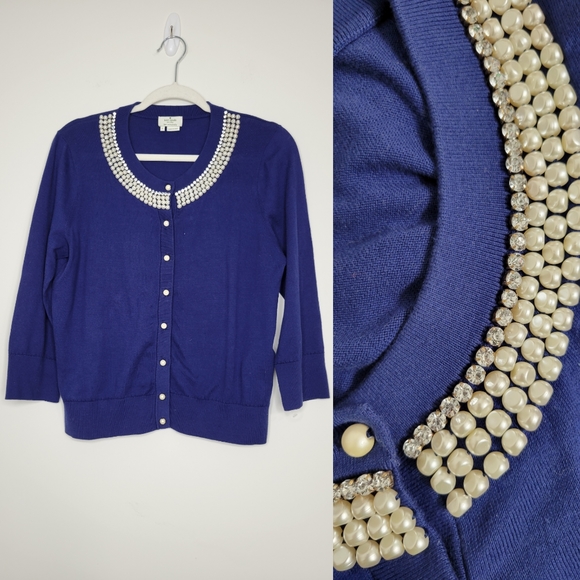 kate spade Sweaters - Kate Spade Blue Pearl and Crystal Embellished Cardigan
